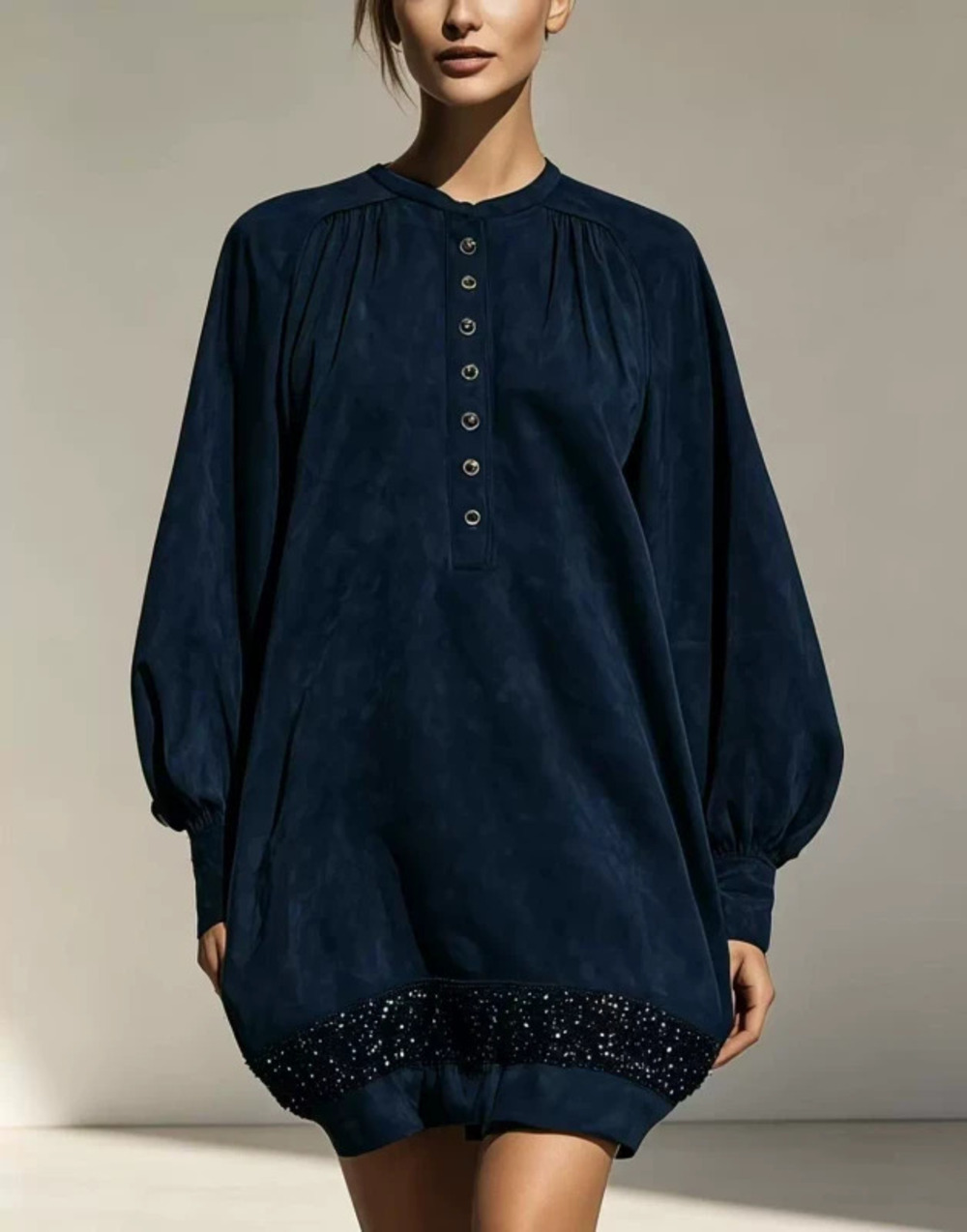ZARA Womens Round Neck Loose Long Lantern Sleeve Solid Sequin Hem Dress